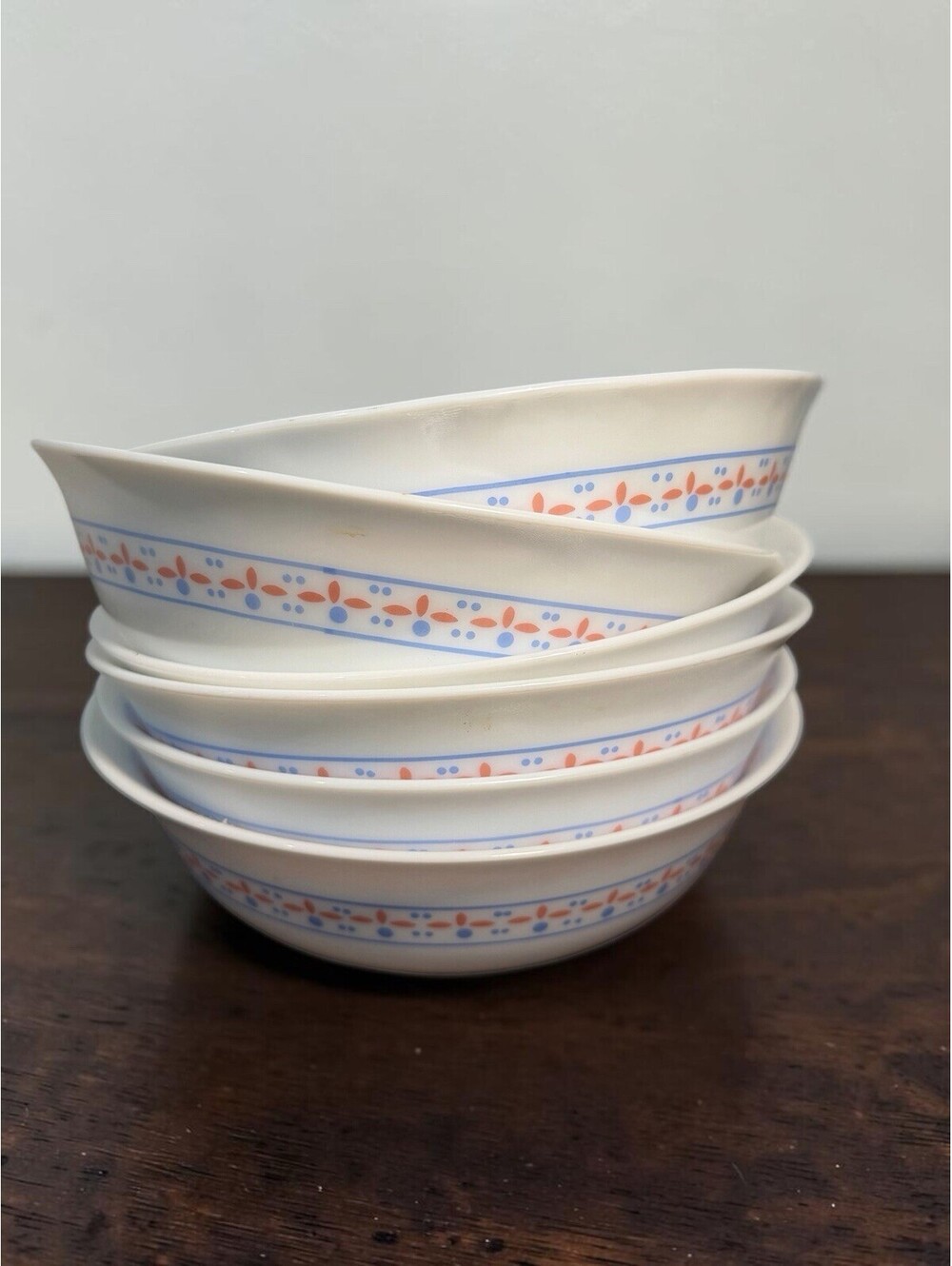 6 Vintage Hearts 'N Geese ARCOPAL Bowls France Cottagecore Milk Glass Blue Pink
